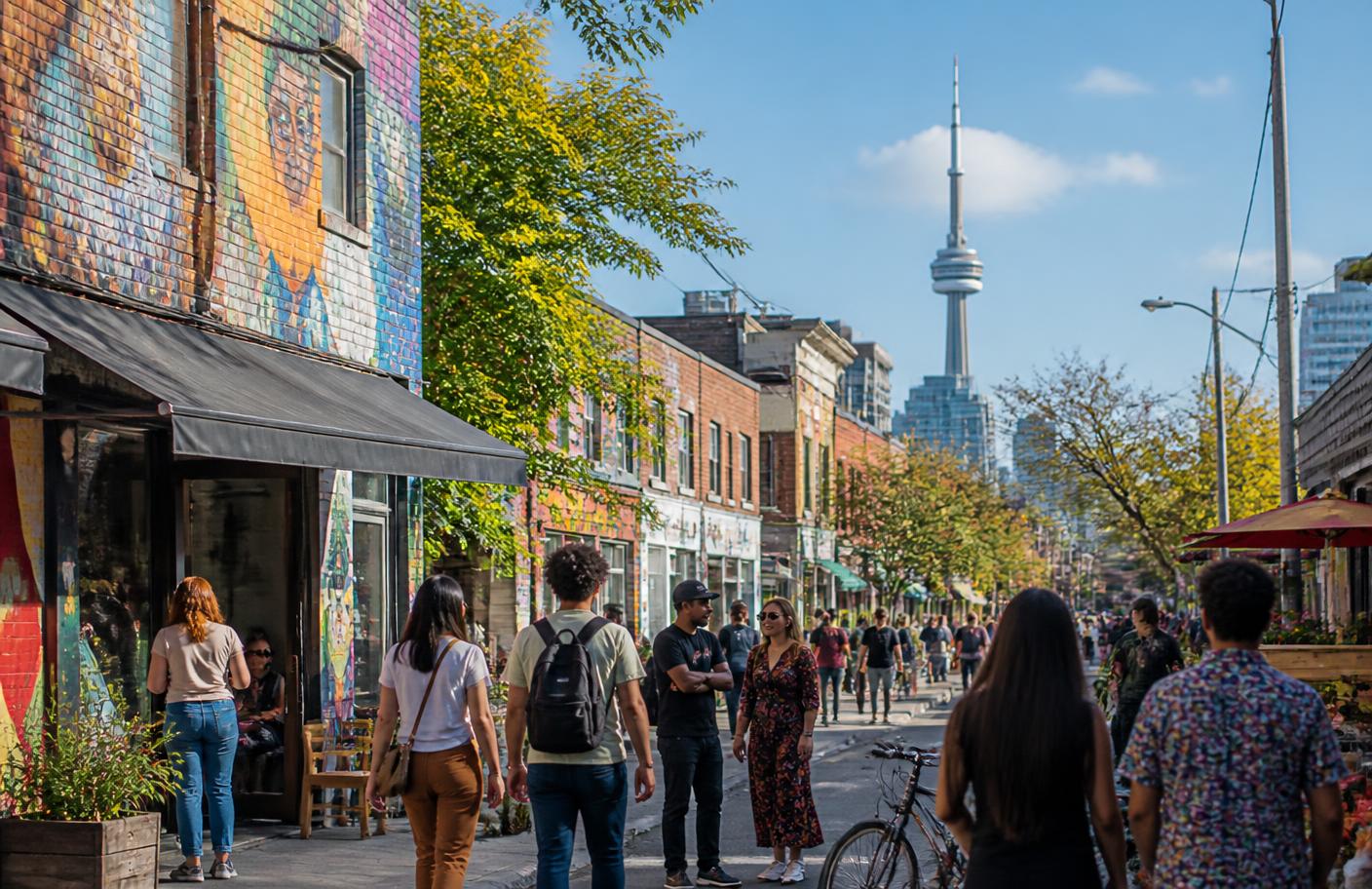 Diverse Toronto street with murals, local shops and the CN Tower in the distance